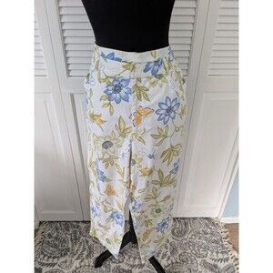 Talbots Pants Women 16 Stretch Denim BlueYellow Dragonfly Floral Cropped 90s Vtg